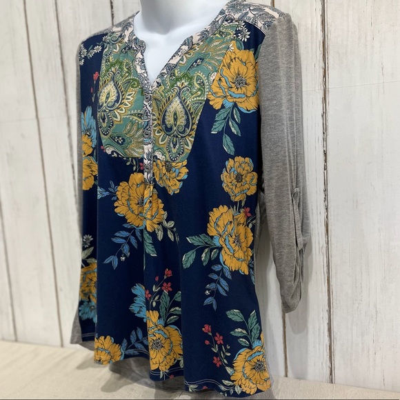 One World Blue Vibrant Floral Quarter-length Sleeve, Sz. S - Picture 8 of 16